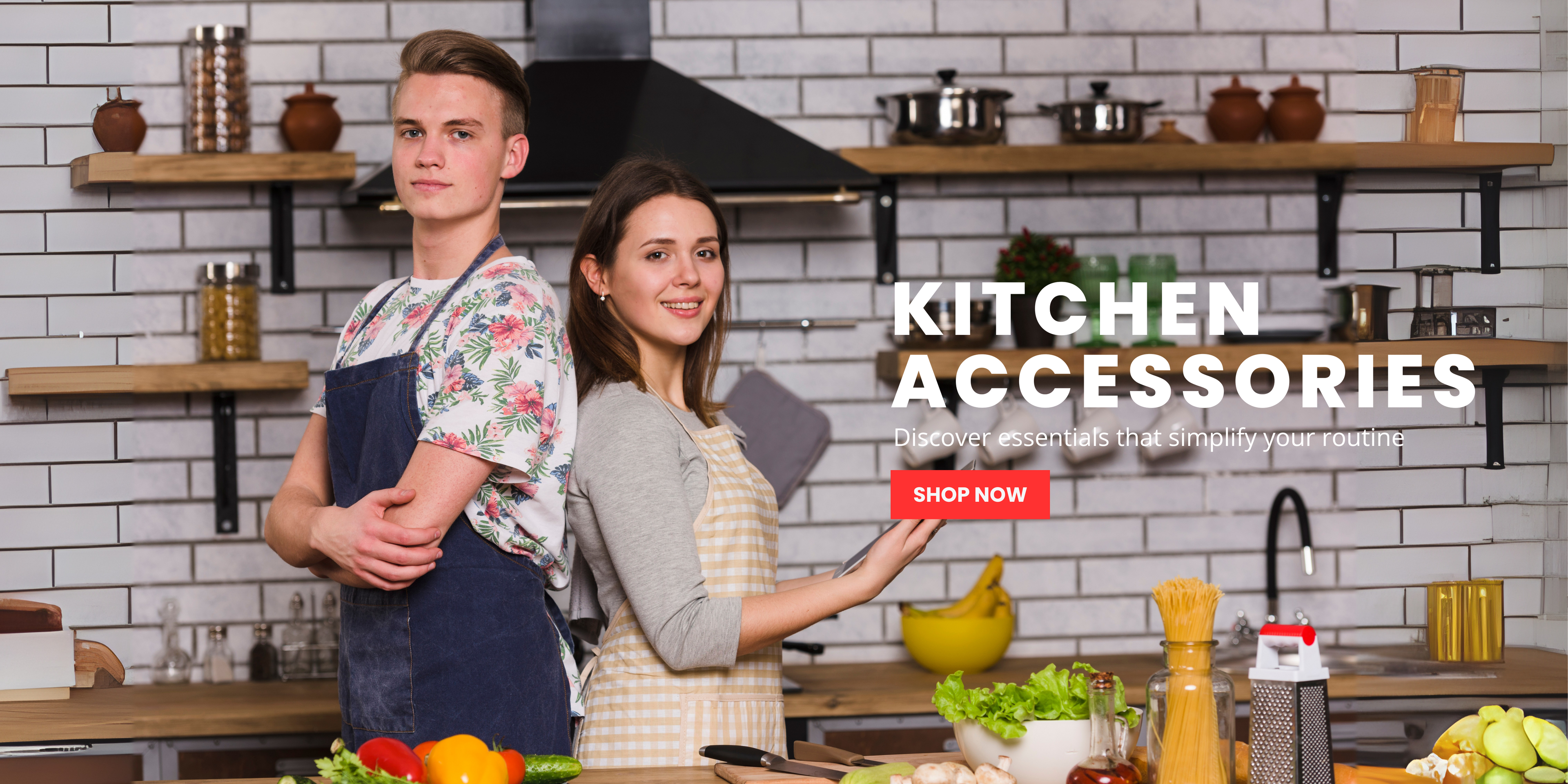 Two people in a kitchen with text 'Kitchen Accessories' and a 'Shop Now' button.1621243260e1af0c20-1